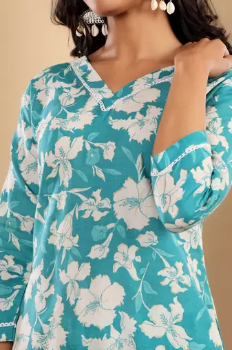 Floral Printed V-Neck Straight Kurta With Trousers And Dupatta