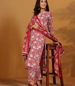 Floral Printed Notch Neck Kurta With Trousers & Dupatta