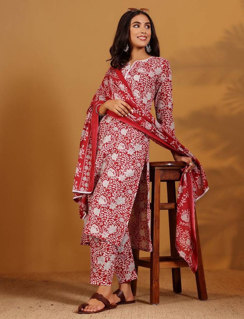 Floral Printed Notch Neck Kurta With Trousers & Dupatta