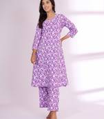 Lavender Floral Printed V-Neck Thread Work Kurta with Trousers