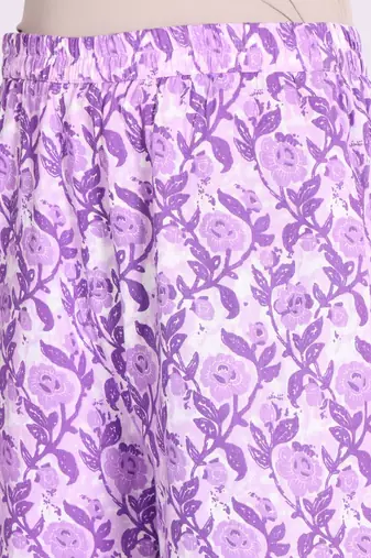Lavender Floral Printed V-Neck Thread Work Kurta with Trousers