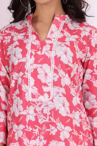 Pink Floral Printed Mandarin Collar Pure Cotton Kurta with Trousers