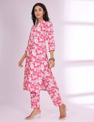 Pink Floral Printed Mandarin Collar Pure Cotton Kurta with Trousers 4