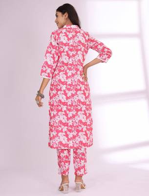 Pink Floral Printed Mandarin Collar Pure Cotton Kurta with Trousers 5