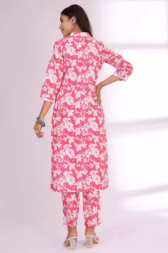 Pink Floral Printed Mandarin Collar Pure Cotton Kurta with Trousers