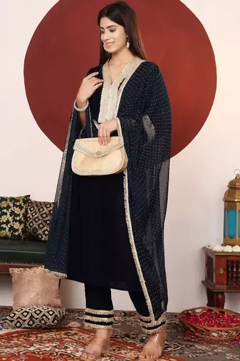Floral Embroidered Sequnnied Velvet Straight Kurta With Trousers And Dupatta