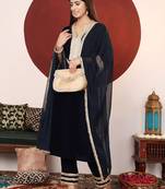 Floral Embroidered Sequnnied Velvet Straight Kurta With Trousers And Dupatta