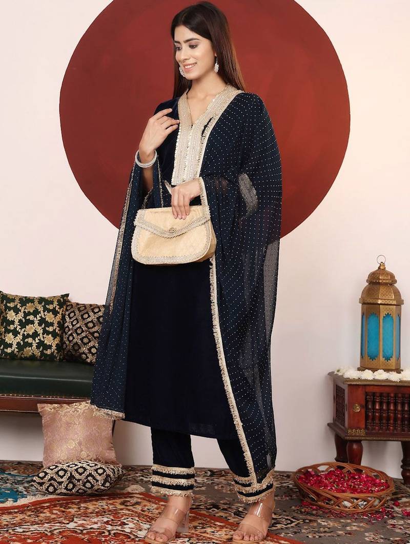 Floral Embroidered Sequnnied Velvet Straight Kurta With Trousers And Dupatta