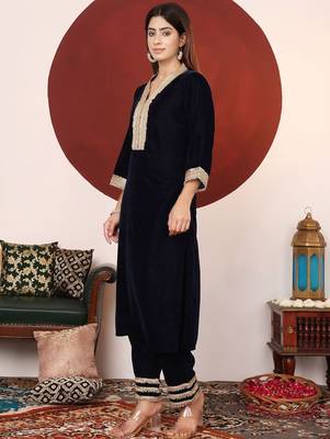 Floral Embroidered Sequnnied Velvet Straight Kurta With Trousers And Dupatta 4