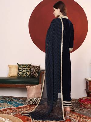 Floral Embroidered Sequnnied Velvet Straight Kurta With Trousers And Dupatta 5