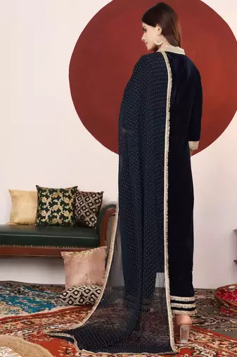 Floral Embroidered Sequnnied Velvet Straight Kurta With Trousers And Dupatta