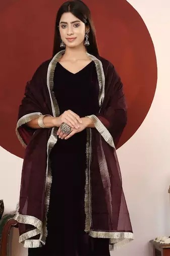 V-Neck Velvet Straight Kurta With Trousers And Dupatta