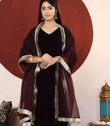 V-Neck Velvet Straight Kurta With Trousers And Dupatta
