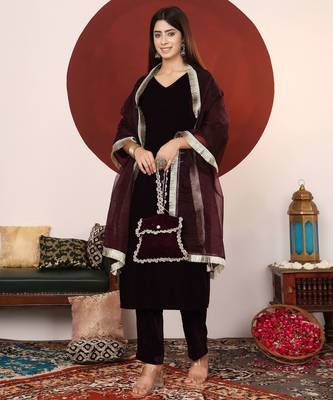 V-Neck Velvet Straight Kurta With Trousers And Dupatta 1