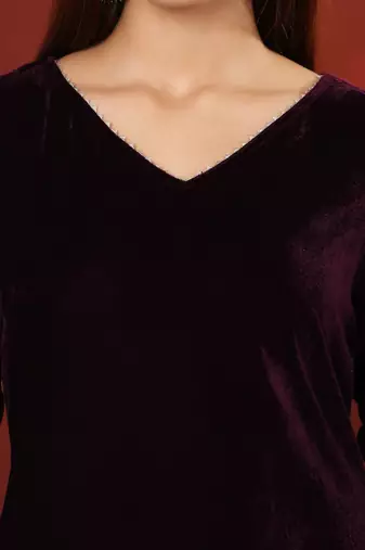 V-Neck Velvet Straight Kurta With Trousers And Dupatta