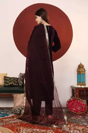 V-Neck Velvet Straight Kurta With Trousers And Dupatta