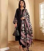 Floral Embroidered Thread Work Notch Neck Straight Kurta With Trousers & Dupatta