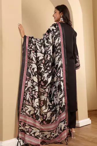Floral Embroidered Thread Work Notch Neck Straight Kurta With Trousers & Dupatta