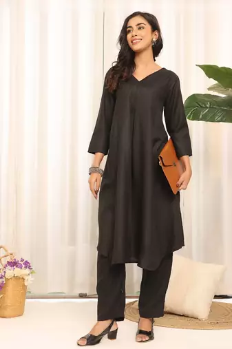 Black V-Neck Panelled A-Line Kurta With Trouser