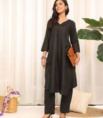 Black V-Neck Panelled A-Line Kurta With Trouser