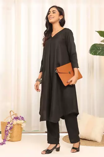 Black V-Neck Panelled A-Line Kurta With Trouser