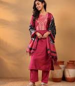 Magenta Floral Yoke Design Gotta Patti Kurta With Trouser & Dupatta