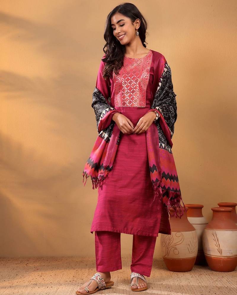 Magenta Floral Yoke Design Gotta Patti Kurta With Trouser & Dupatta