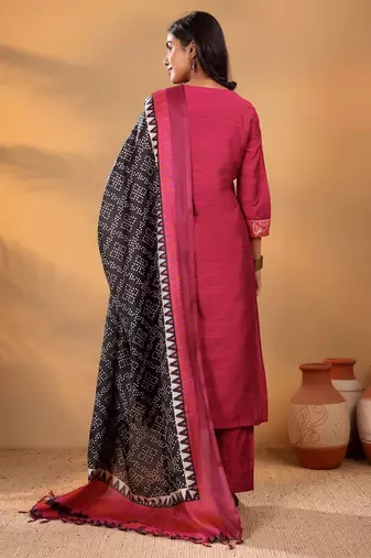 Magenta Floral Yoke Design Gotta Patti Kurta With Trouser & Dupatta