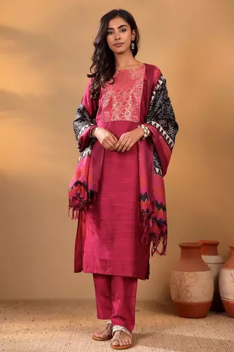 Magenta Floral Yoke Design Gotta Patti Kurta With Trouser & Dupatta