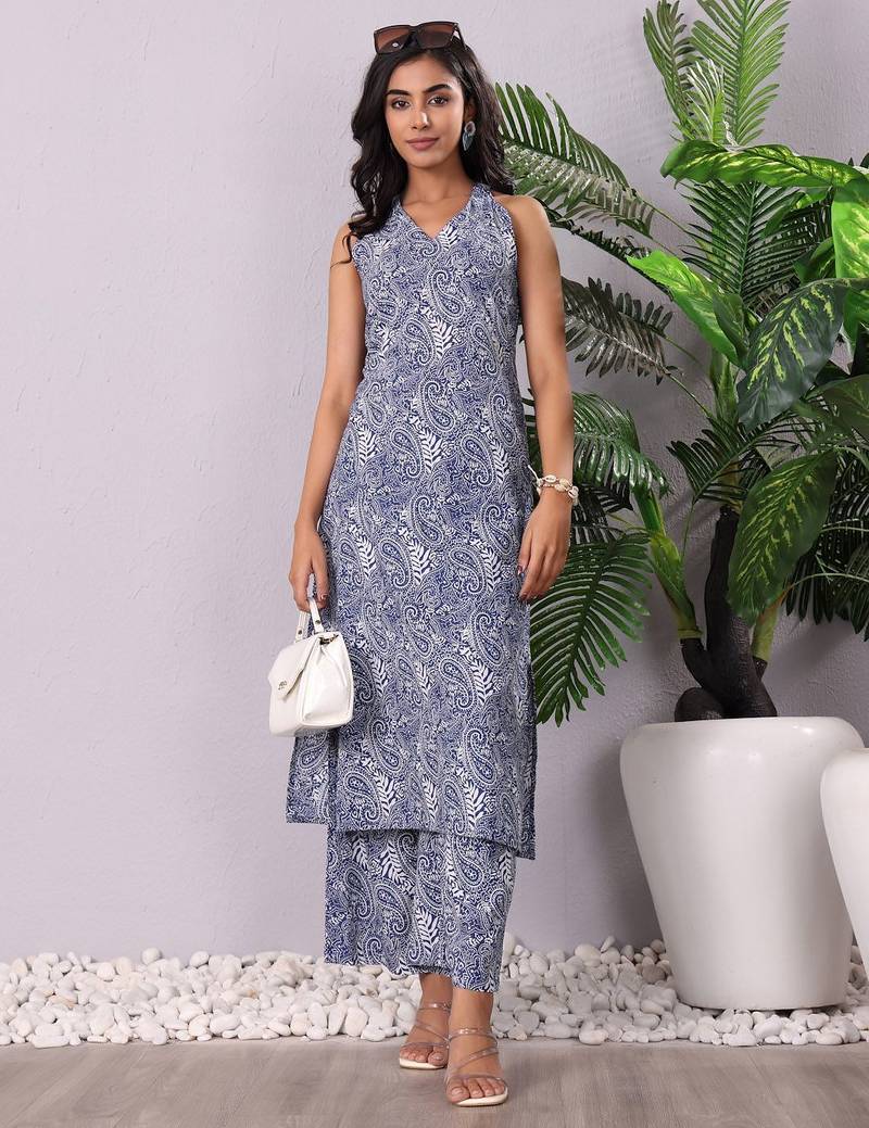 Paisley Printed V-Neck Pure Cotton Straight Kurta With Palazzo