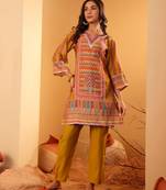 Ethnic Motifs Printed Chanderi Silk Notch Neck Straight Kurta With Trousers