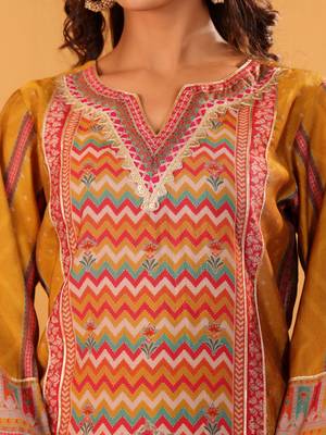 Ethnic Motifs Printed Chanderi Silk Notch Neck Straight Kurta With Trousers 2