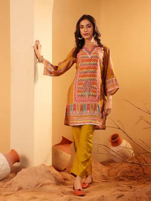Ethnic Motifs Printed Chanderi Silk Notch Neck Straight Kurta With Trousers 5