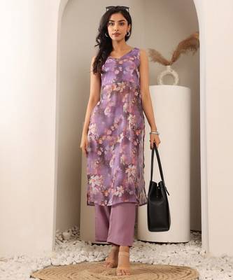 Floral Printed V-Neck Empire Straight Kurta With Trouser 1