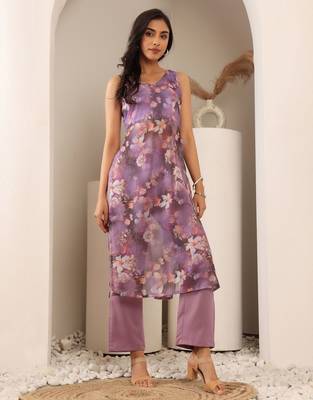 Floral Printed V-Neck Empire Straight Kurta With Trouser 4
