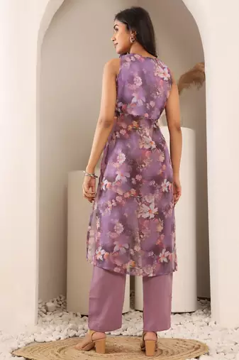 Floral Printed V-Neck Empire Straight Kurta With Trouser