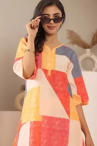 Geometric Printed Notch Neck Straight Kurta With Trouser