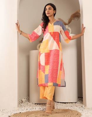 Geometric Printed Notch Neck Straight Kurta With Trouser 1