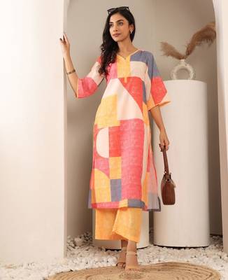 Geometric Printed Notch Neck Straight Kurta With Trouser 7