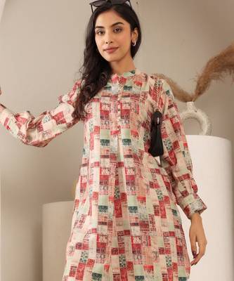 Abstract Printed Mandarin Collar Cuff Sleeves Kurta With Dhoti Pants 2