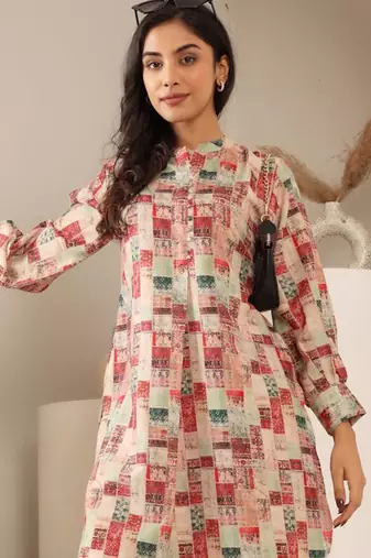 Abstract Printed Mandarin Collar Cuff Sleeves Kurta With Dhoti Pants