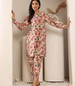 Abstract Printed Mandarin Collar Cuff Sleeves Kurta With Dhoti Pants