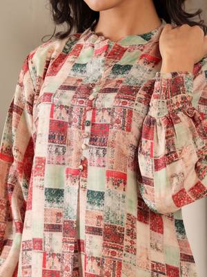 Abstract Printed Mandarin Collar Cuff Sleeves Kurta With Dhoti Pants 3
