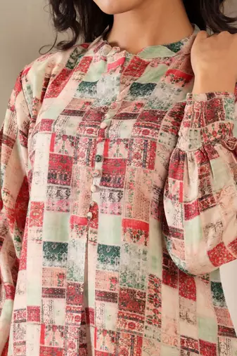 Abstract Printed Mandarin Collar Cuff Sleeves Kurta With Dhoti Pants