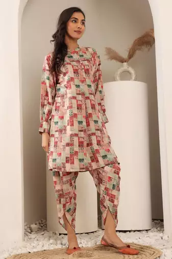 Abstract Printed Mandarin Collar Cuff Sleeves Kurta With Dhoti Pants
