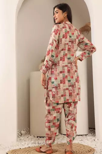 Abstract Printed Mandarin Collar Cuff Sleeves Kurta With Dhoti Pants