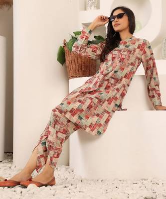 Abstract Printed Mandarin Collar Cuff Sleeves Kurta With Dhoti Pants 7
