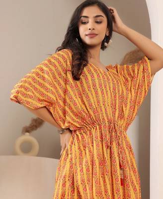 Floral Printed V-Neck Pure Cotton Kaftan Kurta With Trouser 2