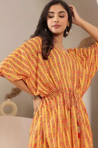 Floral Printed V-Neck Pure Cotton Kaftan Kurta With Trouser