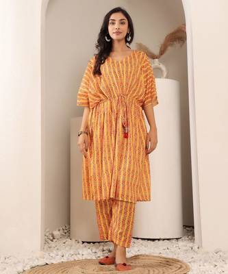 Floral Printed V-Neck Pure Cotton Kaftan Kurta With Trouser 1